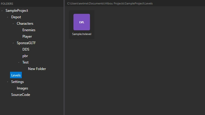 Un projet ouvert dans l'&eacute;diteur Hibou Engine.