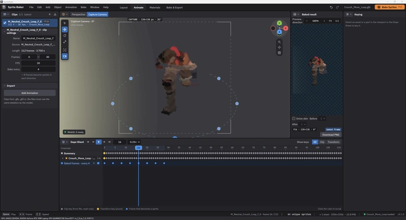 Animation clip in the Dope Sheet, with eight bake frames sampled every four frames and the pose at the playhead shown alongside.