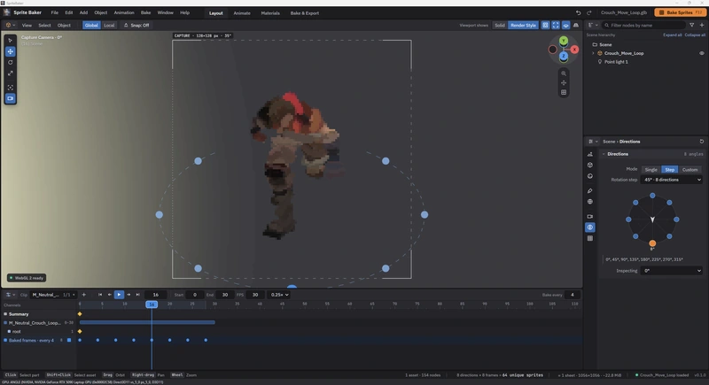 Crouch_Move_Loop character in the capture camera, with eight directions at 45&deg; intervals, Outliner, properties and Timeline visible.