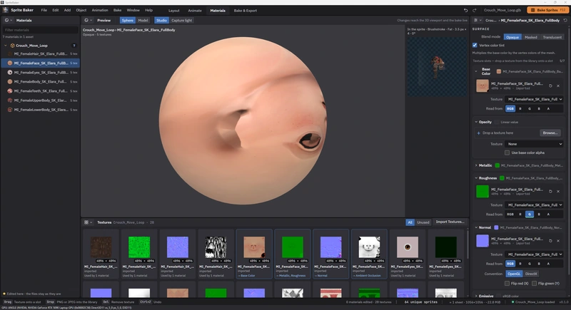 Character material on the preview sphere under Studio lighting, with the texture library and color, roughness and normal slots visible.