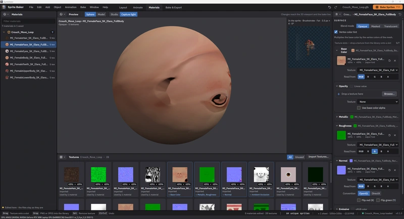 The same material with Capture light selected: the preview uses the capture lighting, while the sprite result appears alongside.