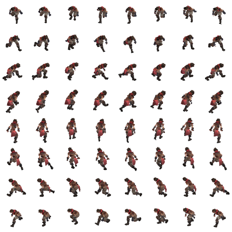 PNG exported in Brushstroke: eight frames &times; eight directions = 64 sprites at 128 &times; 128 px, with 2 px padding, on a 1056 &times; 1056 px sheet. Each row corresponds to a direction from 0&deg; to 315&deg;; columns show frames 0, 4, 8, 12, 16, 20, 24 and 28.