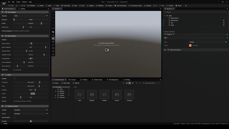 Editor overview with docking, viewport, hierarchy, inspector and Content Browser; this capture shows a scene with no cooked meshes loaded.