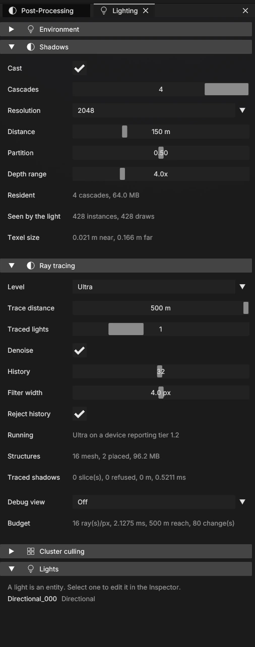 Lighting controls and diagnostic values in the captured configuration.