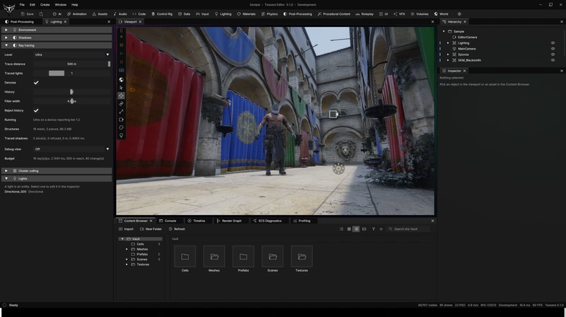 Sample scene with the Ultra ray-tracing profile visible in the lighting panel.