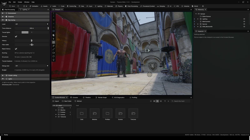 Sponza sample scene rendered inside the Tessera editor.