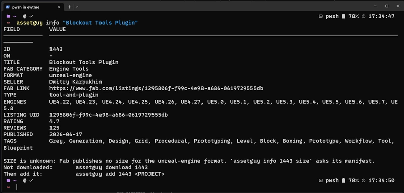AssetGuy asset detail showing compatible Unreal versions, metadata, unknown size and suggested download command