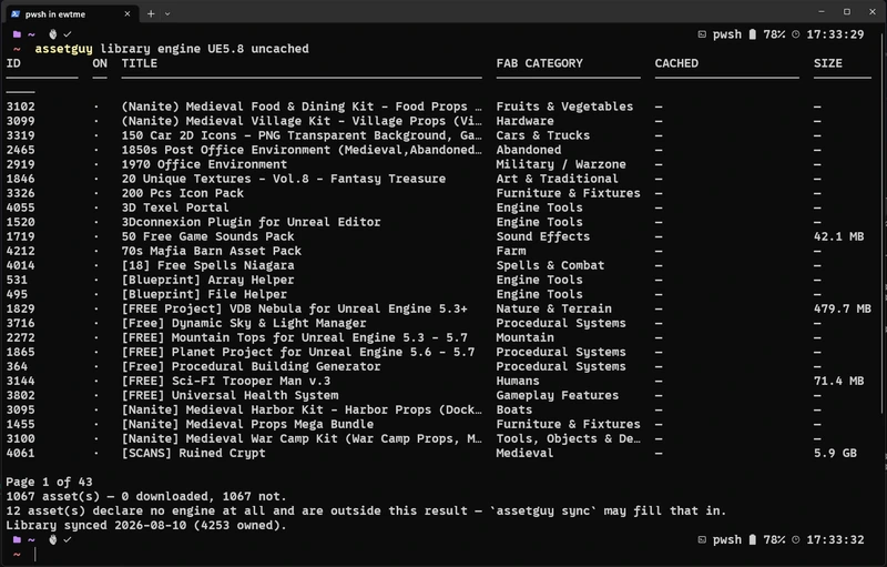 AssetGuy terminal showing owned assets filtered by Unreal Engine 5.8 compatibility and uncached state